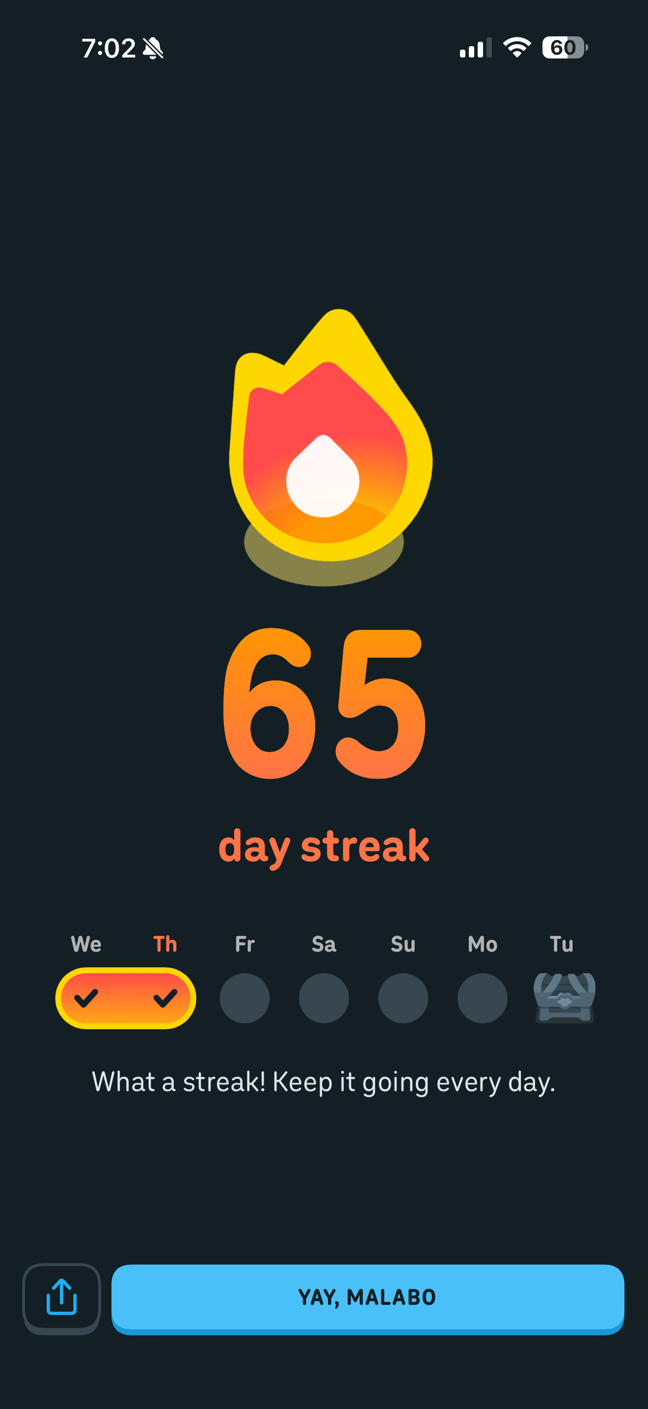 Dark practice screen showing a 65 day streak