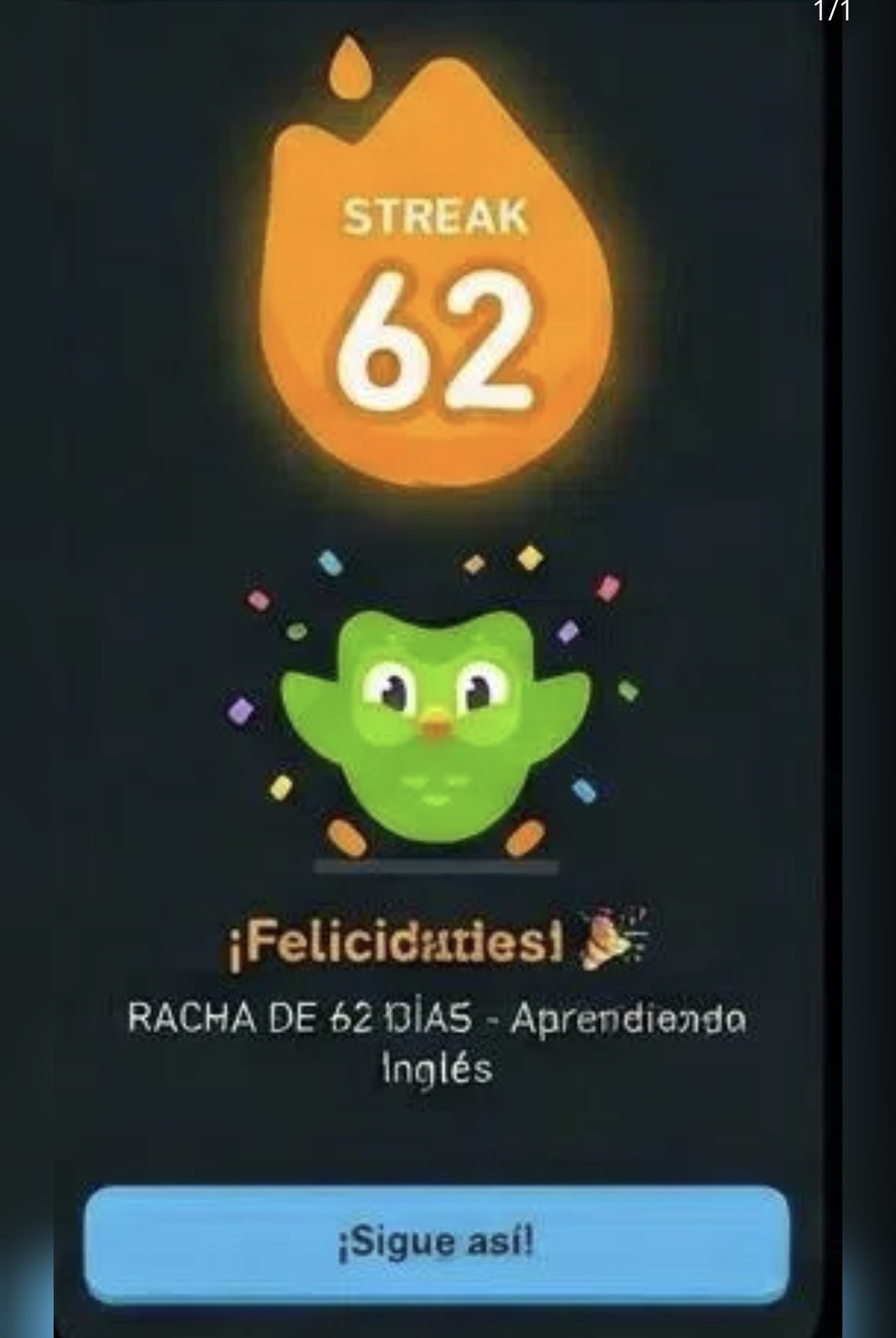 Celebration screen with a 62-day streak and a green owl